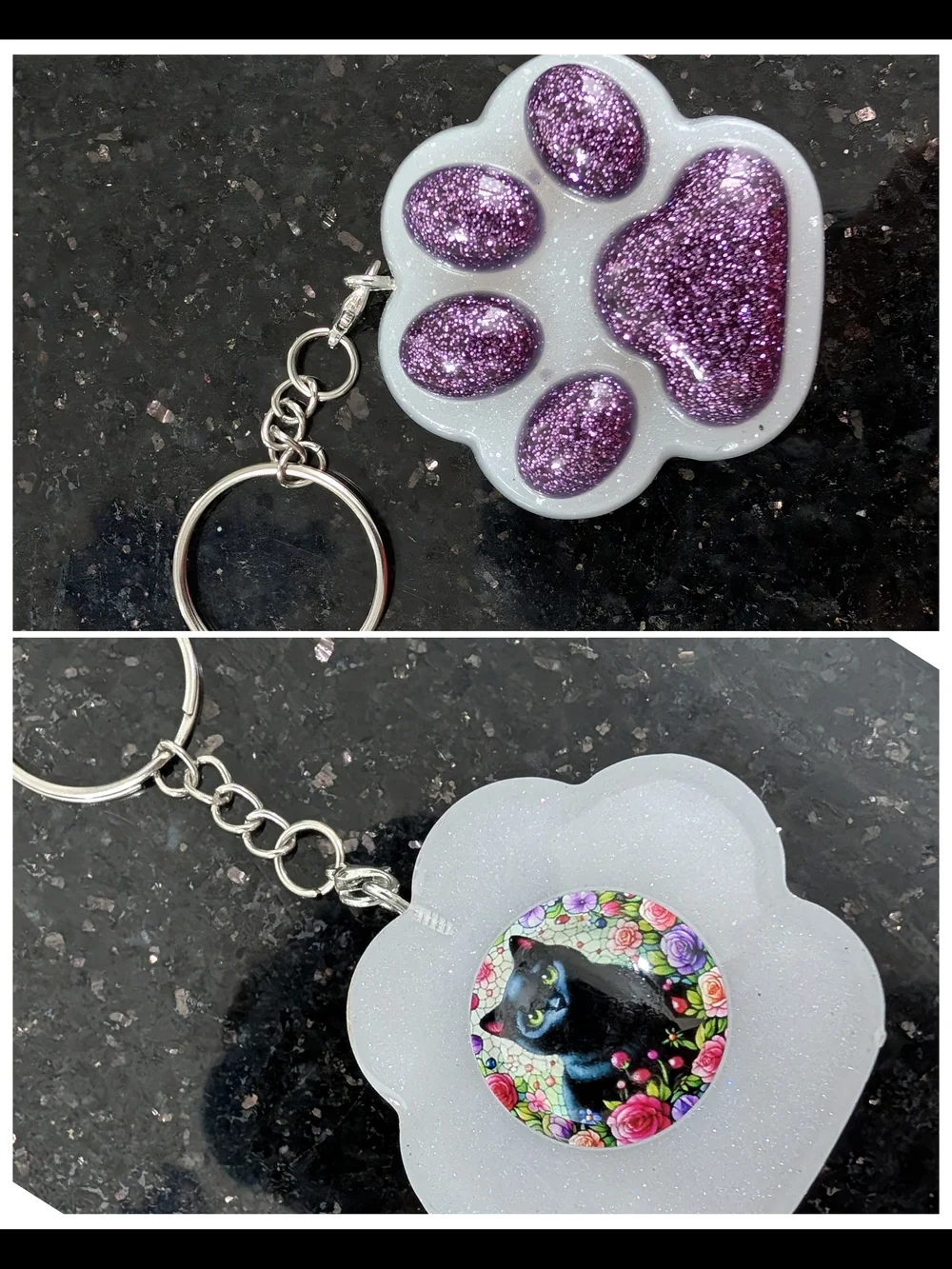 Custom Glitter  Paw  Keychain with Black Cat Accent. Handmade. Bag pendant.